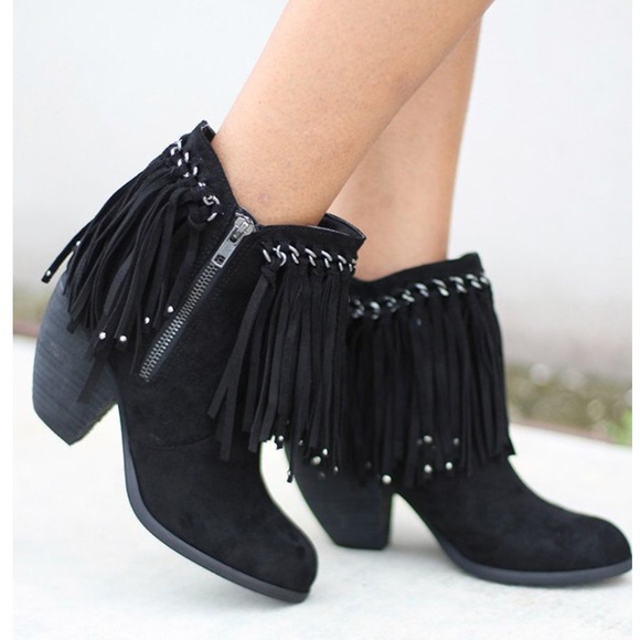 Black Fringe Boho Chic Booties - Picture 2 of 8